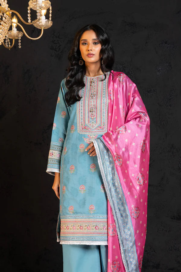 3 Pc Embroidered Jacquard Suit With Silk Dupatta