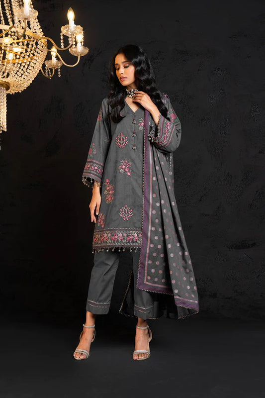 3 Pc Embroidered Jacquard Suit With Cotton Silk Dupatta