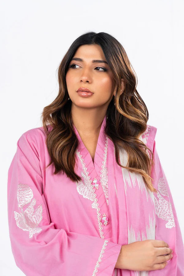 3 Pc Dyed Embroidered Light Cambric Shirt With Printed Chiffon Dupatta