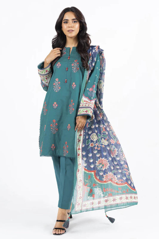 3 Pc Embroidered Lawn Suit With Zari Stripe Dupatta