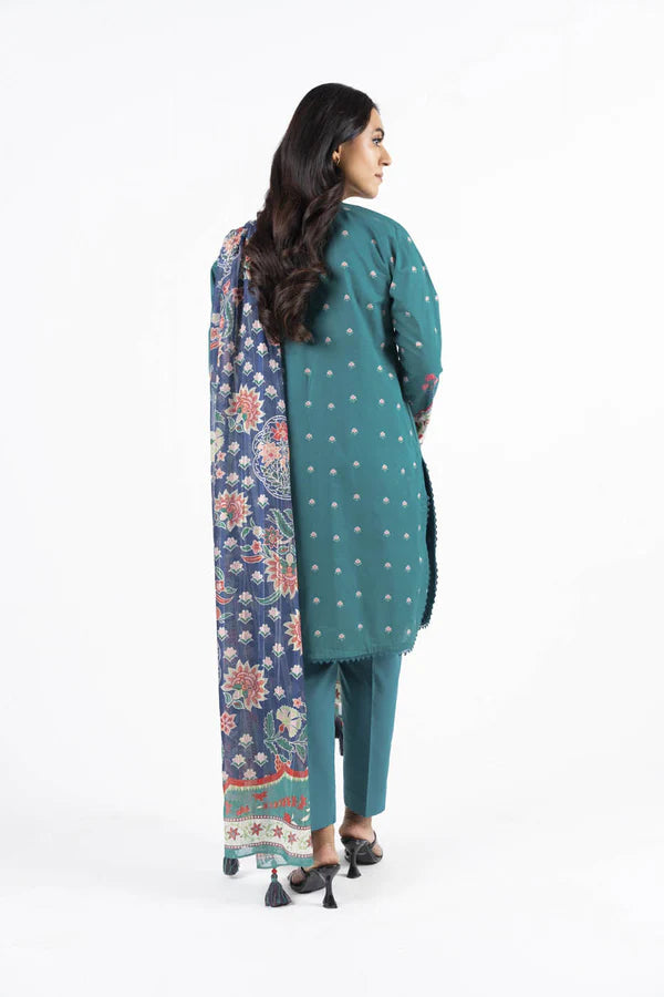 3 Pc Embroidered Lawn Suit With Zari Stripe Dupatta