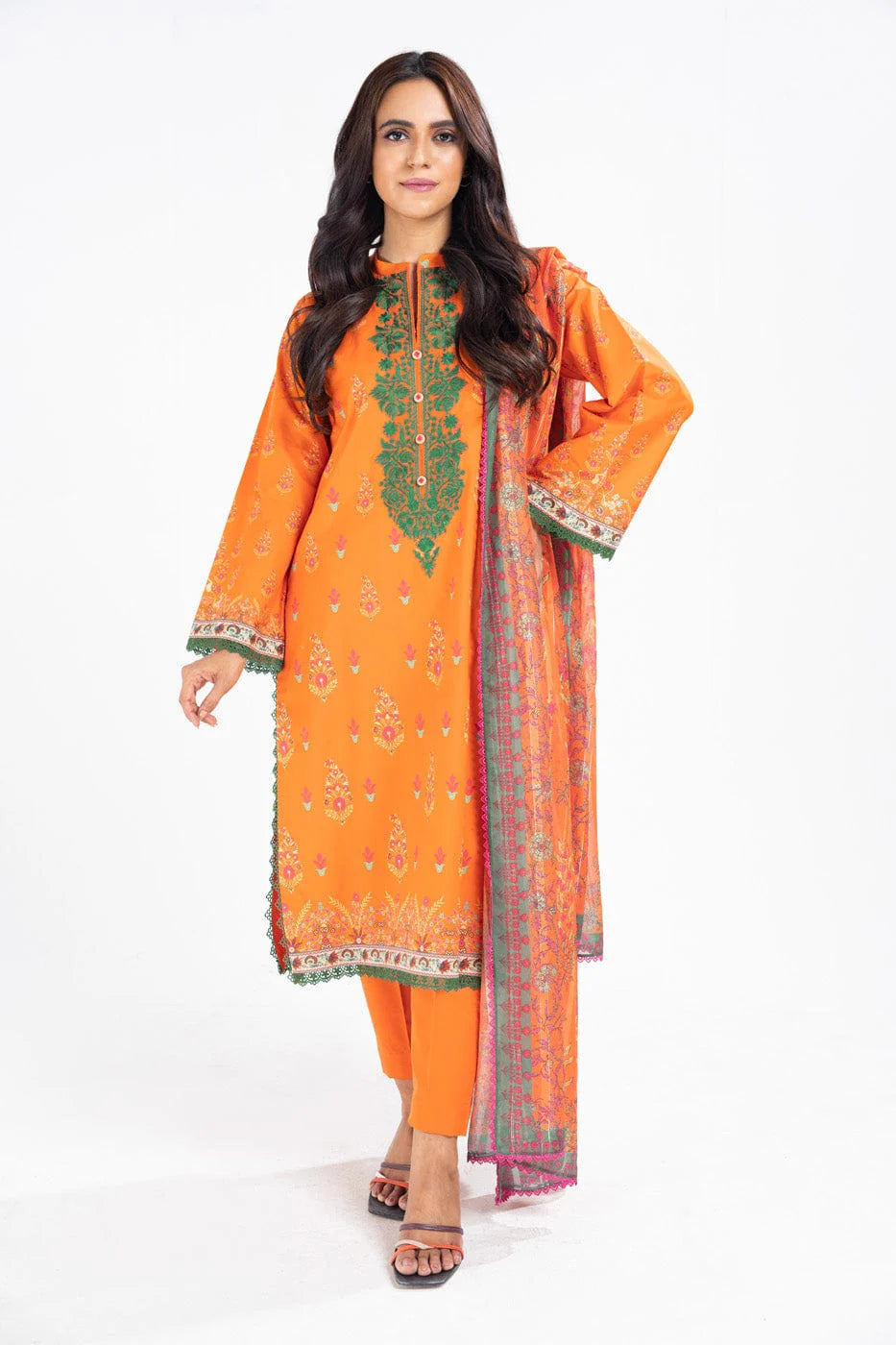 3 Pc Embroidered Lawn Suit With Zari Stripes Dupatta