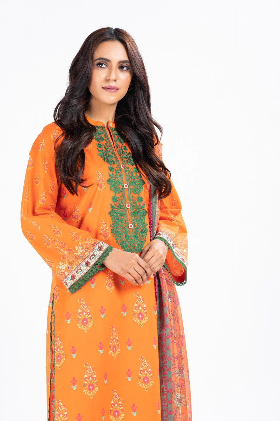 3 Pc Embroidered Lawn Suit With Zari Stripes Dupatta