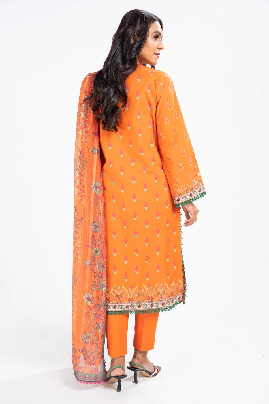 3 Pc Embroidered Lawn Suit With Zari Stripes Dupatta